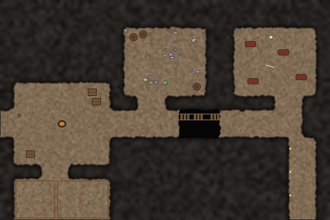 Top-down map of a goblin cave with a rope bridge and a sleeping hall