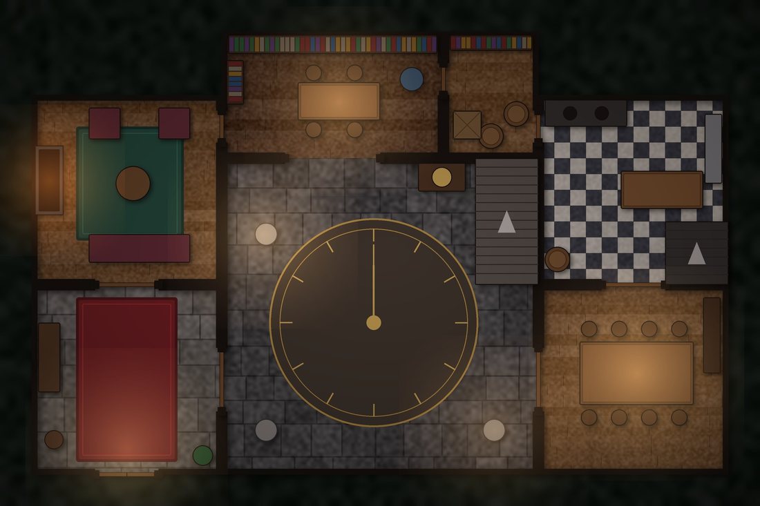 Top-down map of a mansion ground floor with a great clock inlaid in the hall floor